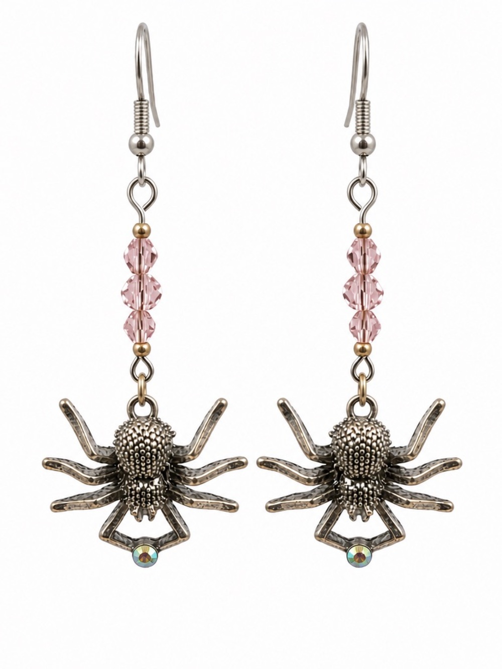 Large Antique Silver Spider Dangle Earrings with Pink Crystal Beads